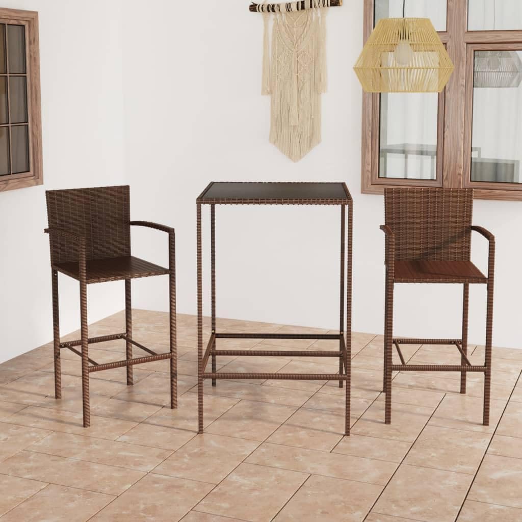 Brown PE Rattan Garden Bar Set with Powder-Coated Steel Frame and Tempered Glass Table, 3-Piece Outdoor Furniture for Patio and Balcony, Modern Square Table with Two Stools,