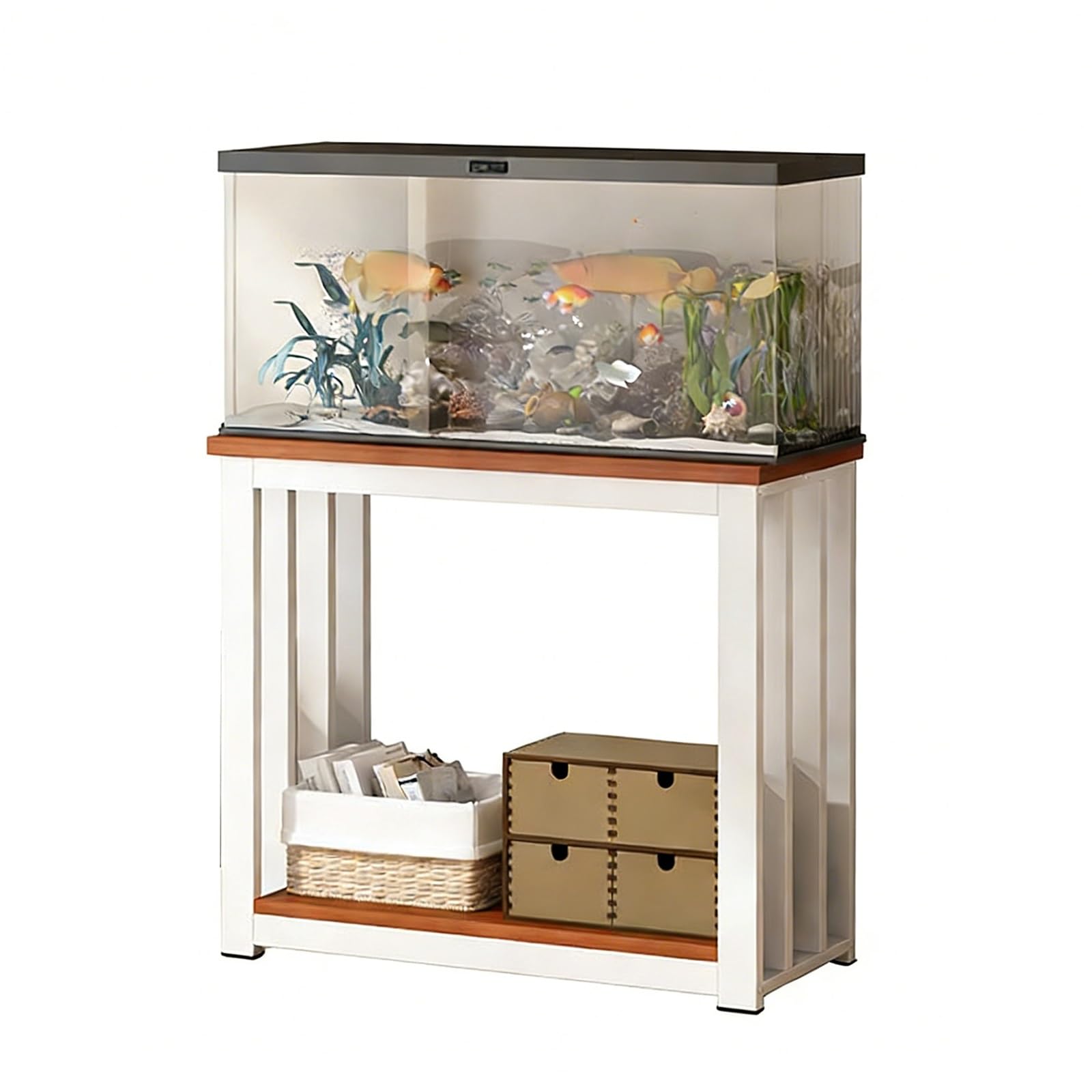 Supporto per acquario con ripiano aperto, struttura in metallo con piano in legno, supporto resistente per acquario, facile da montare