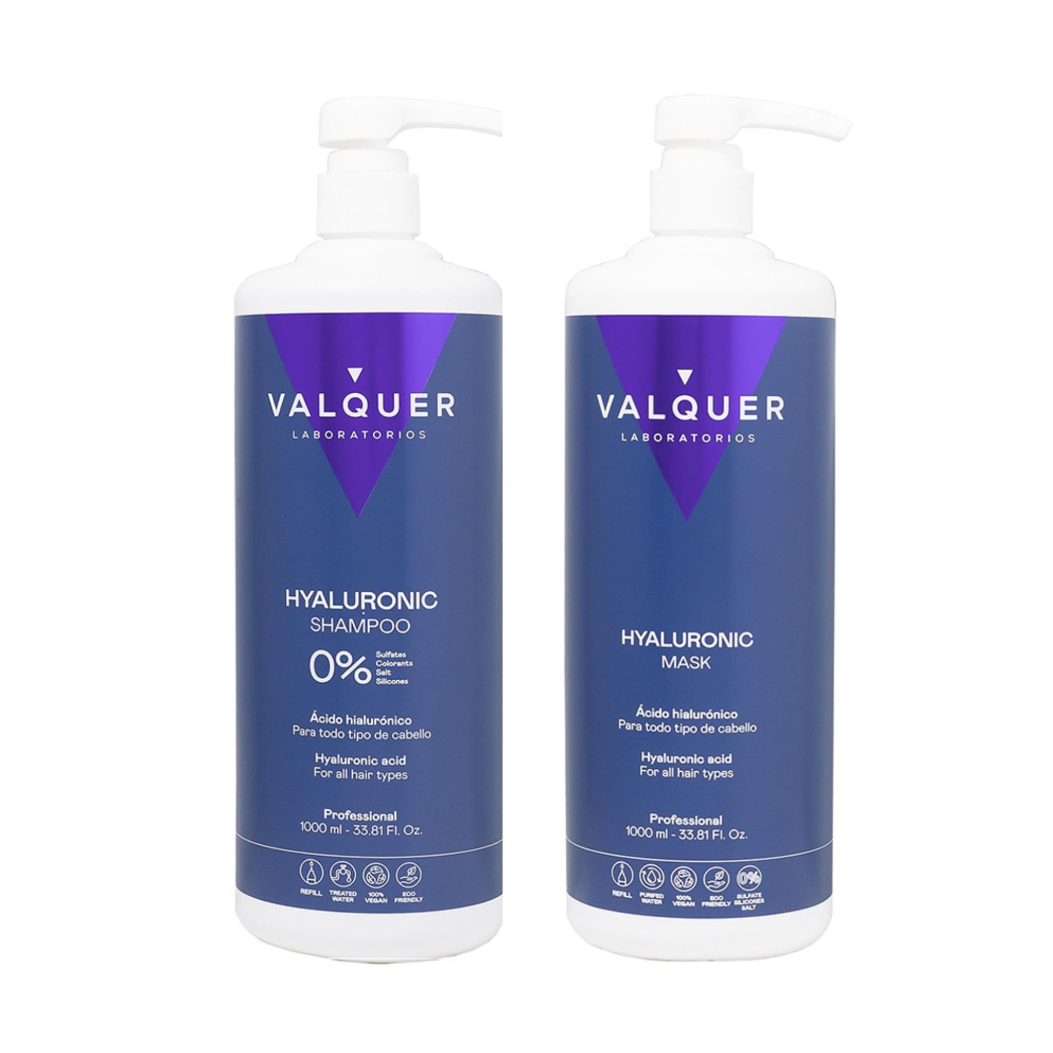 VALQUER Hyaluronsäure Set | Shampoo und Haarmaske Zero | 1 L + 975 ml | Spendet Feuchtigkeit, repariert und schützt trockenes und geschädigtes Haar | Mit Keratin und Aloe Vera