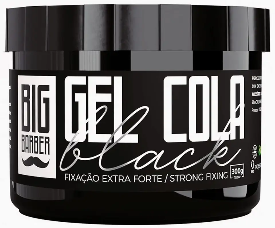 Gel Cola Black Big Barber 300g - Pigmentado Preto, Fixação Extra Forte, Cobre Cabelos Brancos, Modelador Masculino