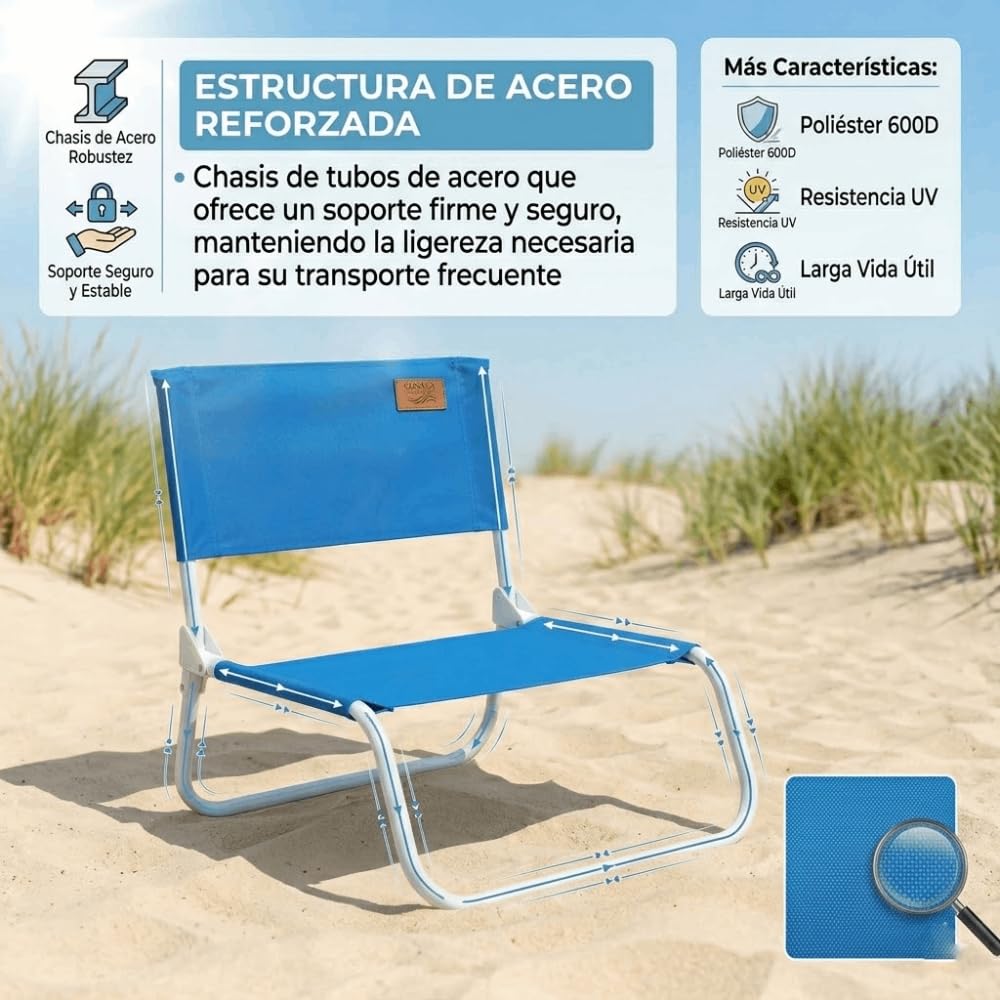 DEVESSPORT Kohala Lot de 2 chaises de plage basses pliables avec structure en acier et tissu polyester 600D haute résistance Bleu 45 x 45 x 45 cm
