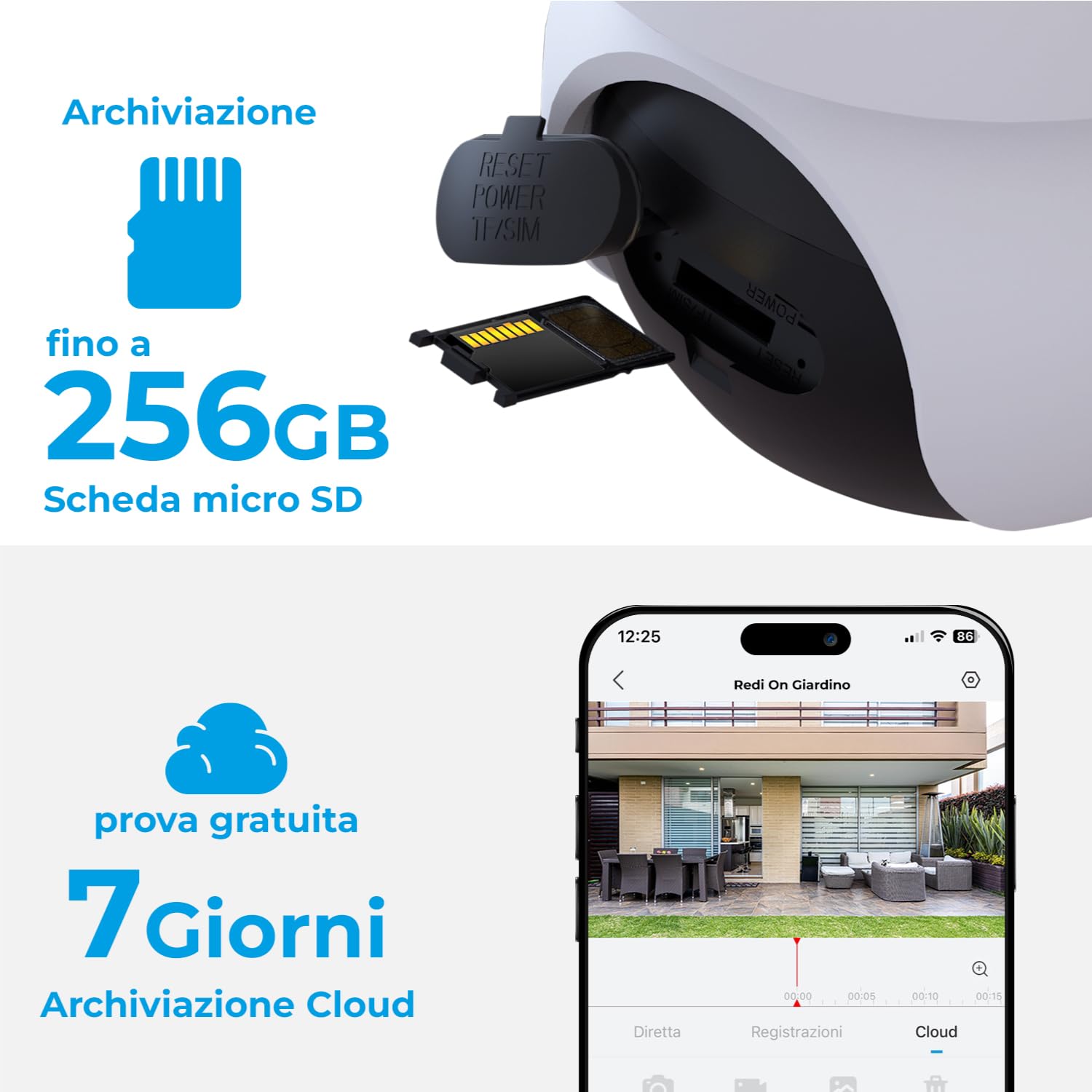 Redi ON Telecamera Motorizzata Wi-Fi Uso Esterno per sorveglianza, 3MP, SD Card, IP65, Rilevazione Umani PIR, Audio, Compatibile con Alexa/Google, App per smartphone