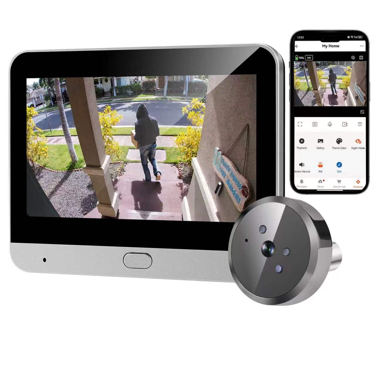 Radar Détection de Mouvement, Judas de Porte Caméra Surveillance WiFi 2K avec Vision 140°, Mini Caméra Numérique avec Écran Couleur de 4,3" Batterie 5000 mAh, Vision Nocturne, Wi‑Fi 2,4 GHz