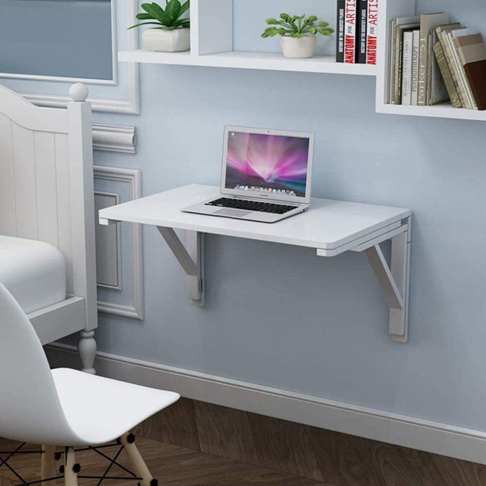 Table Pliante Murale 100 X 50 Cm - Bureau Ou Table De Salle à Manger Escamotable, Finition Pierre Blanche, Gain De Place