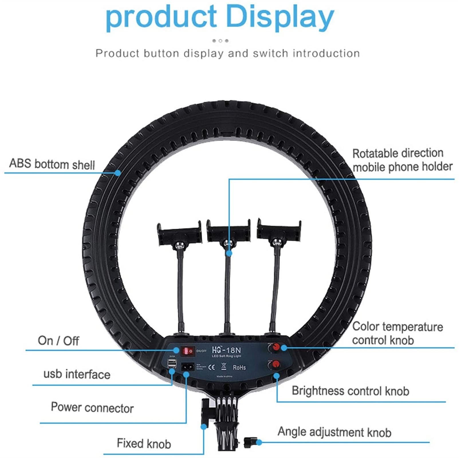 Anello Luminoso per Selfie da 18" con Supporto per treppiede da 74" Anello Luminoso a LED con Anello Porta Telefono Cerchio Luminoso dimmerabile per Streaming Live/Video/Trucco/Fotografia