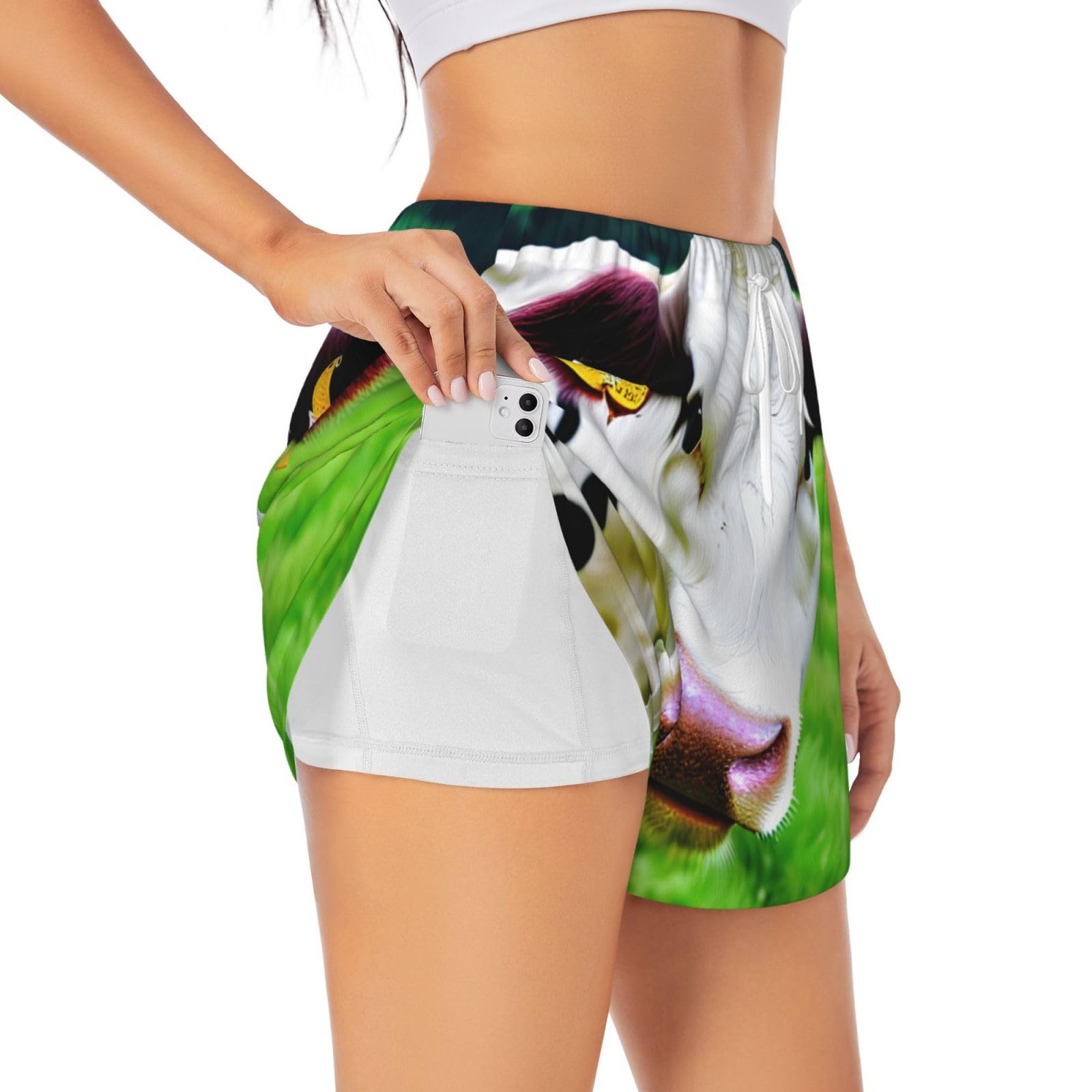 Yqxwjl Women's White Cow Patterns Print High Waisted Athletic Workout Shorts Dual-Layered Gym Shorts Casual Comfy Sport Shorts, S