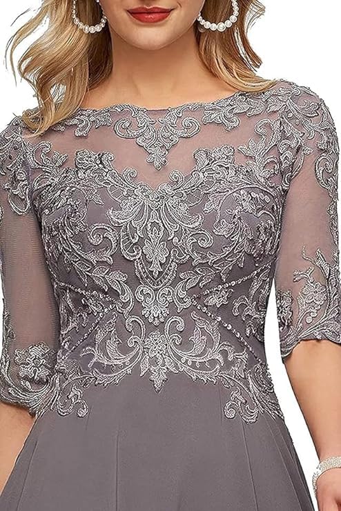 ALEESHUO Tea Length Chiffon Mother of The Bride Dresses with Half Sleeve Lace Applique Formal Dress for Wedding FLP1094