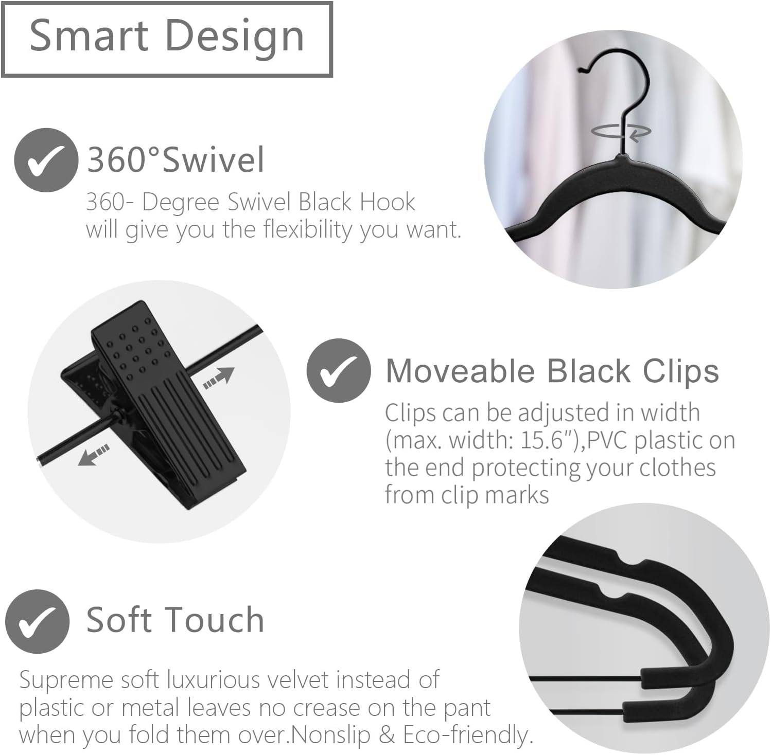 MIZGI Premium All Black Velvet Pants Hangers with Adjustable Clips (Pack of 20) Slim Skirt Hangers- Non Slip Felt Outfit Dress Hangers- Black Hooks,Space Saving Shirt Clothes Hangers - Image 2