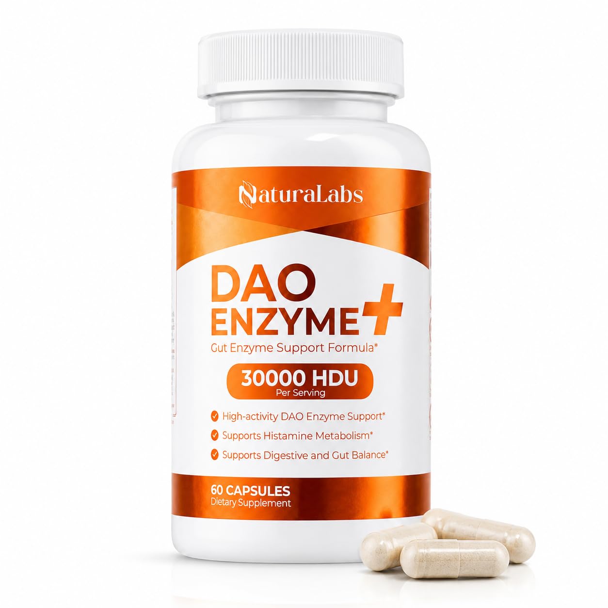 NATURALABS Suplemento de Enzima DAO + Vitamina C, 30.000 HDU, 60 cápsulas