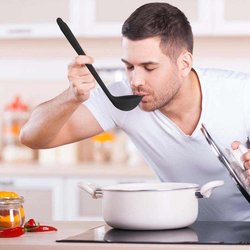 Keuken Siliconen Pollepel, Hittebestendige Soeplepel met Lange Steel voor Thuis Koken, 11,2 (BLACK