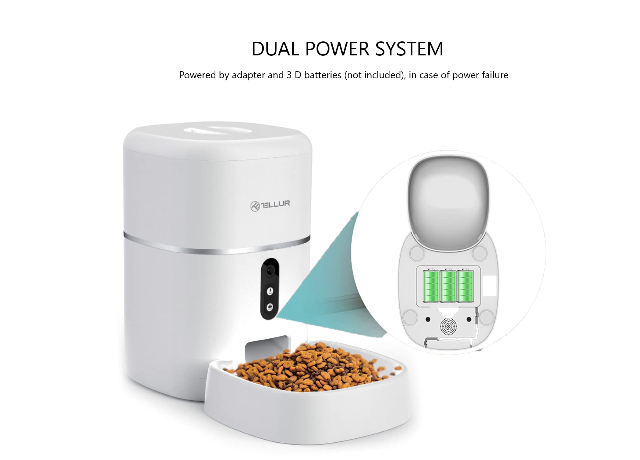 TELLUR SMART Comedero Automático para Gatos y Perros,WiFi, UHD 2K Cámara,Dispensador de Comida Control Remoto, Compatible Alexa y Google, 10s Grabación de Voz, Tiempo de Comida y Porciones Programable