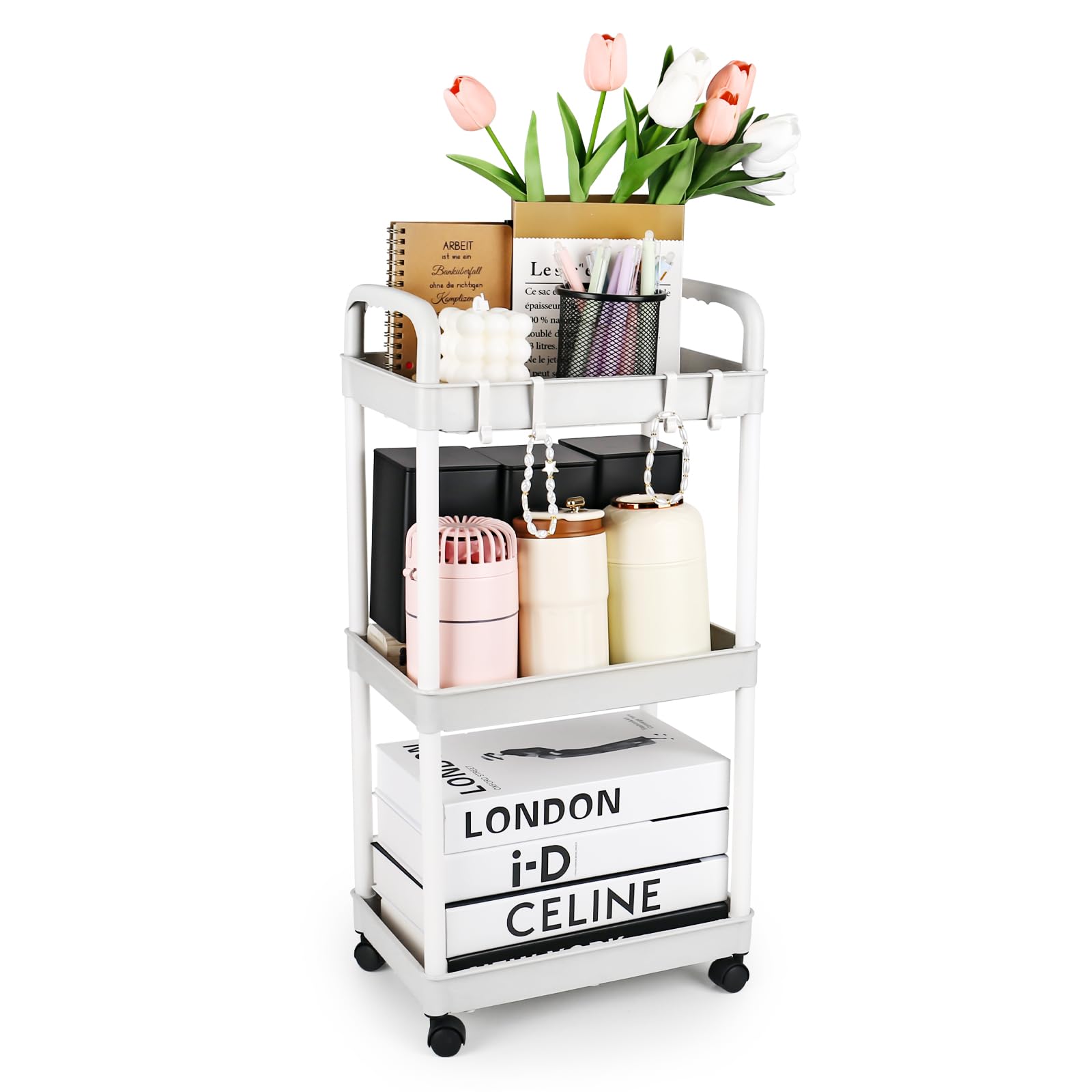 Trendecor Storage Trolley Cart 3 Tier Plastic Rolling Storage Rack, Mobile Storage Shelving Organizer Utility Cart Snack Cart Trolley for Kitchen, Bathroom, Laundry Room, Bedroom,White with Hooks