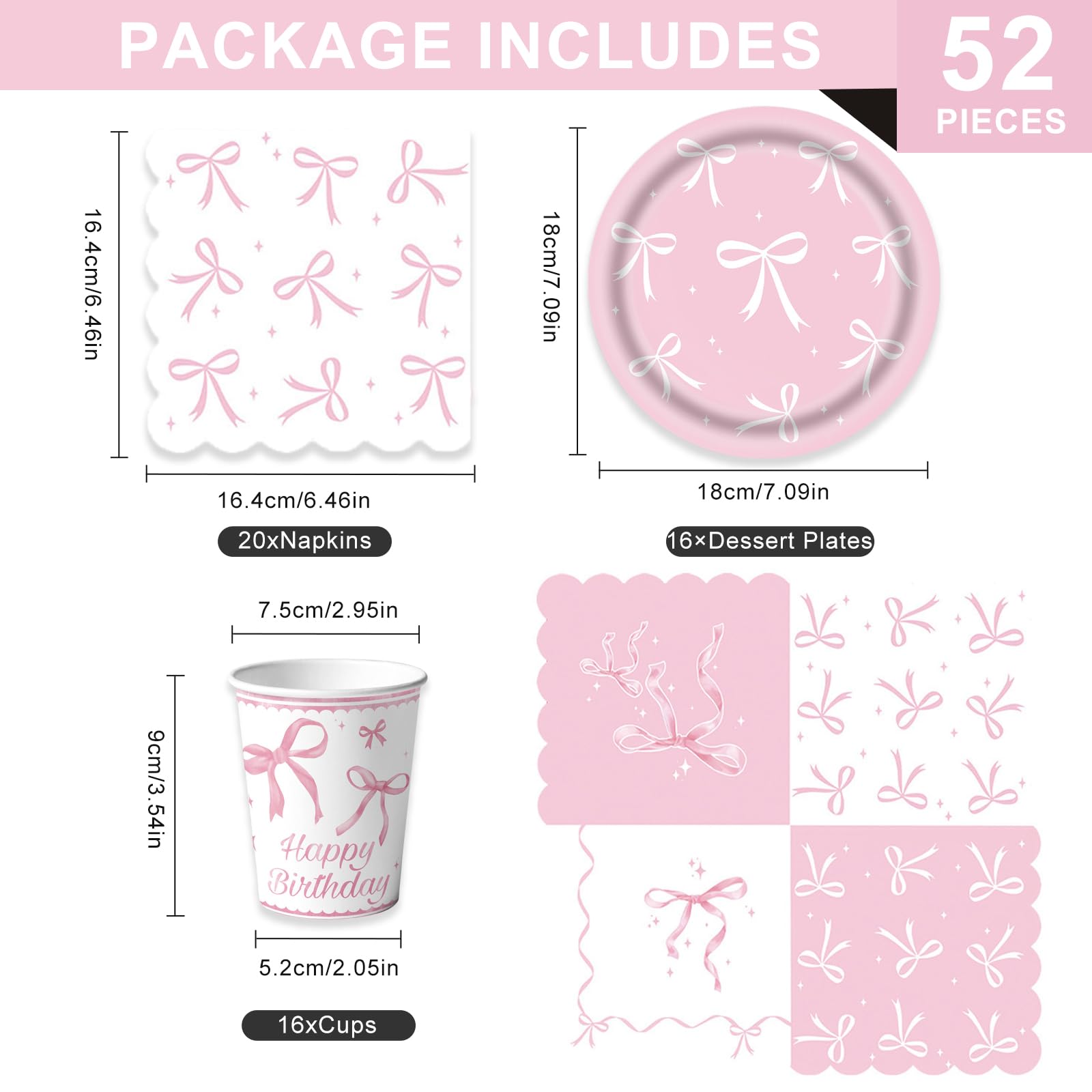 Bikasun Ensemble de vaisselle de fête en forme de nœud rose, assiettes d'anniversaire, gobelets de princesse, assiettes en carton pour fille, femme, anniversaire d'enfant 16 invités