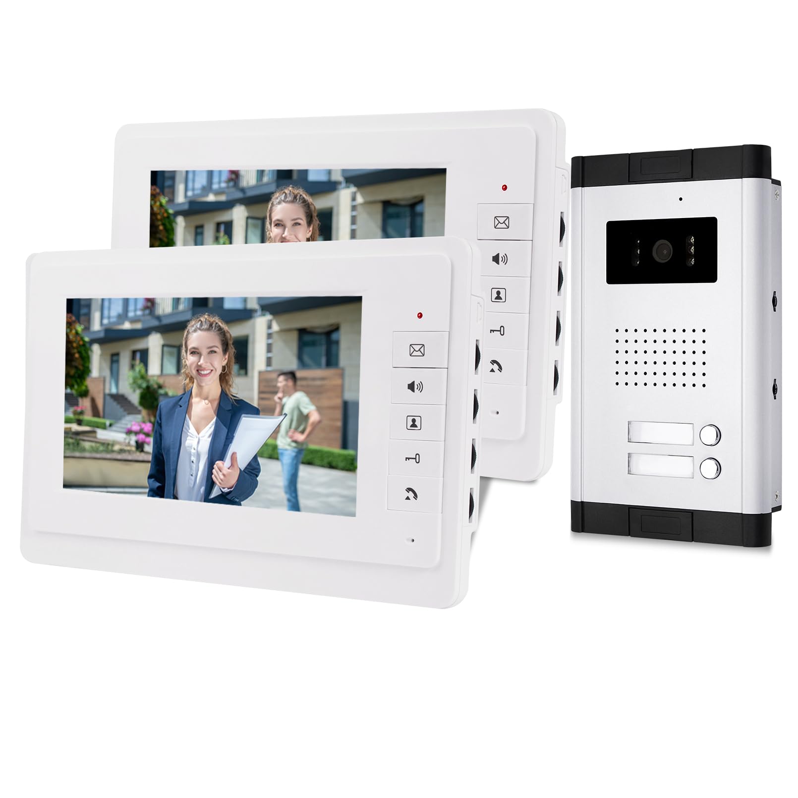 uoweky 7 '' Interphone Vidéo Couleur Filaire Couleur Système de Porte IR Caméra de Vision Nocturne + écrans de Contrôle Intérieur pour 2/3 Appartements (2 Moniteurs)