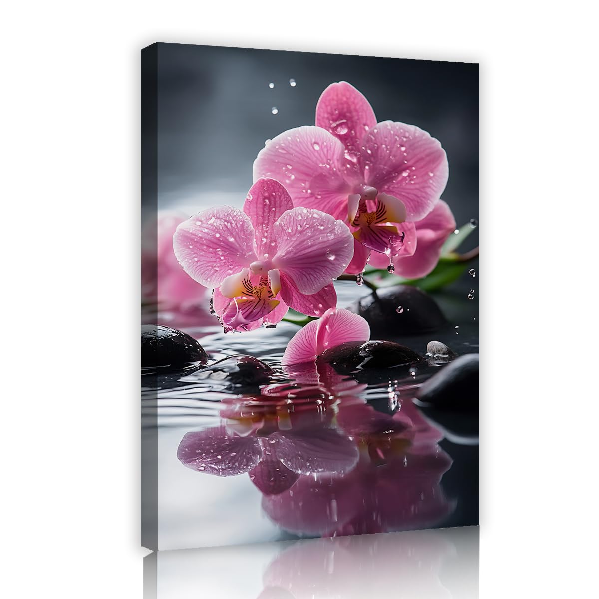 Via Vela Pink Orchid Spa Bathroom Framed Canvas Art, Water Drops Stacking Stones Picture Wall Decor, Reflection Landscape Painting, Zen Poster Prints Artwork 70x110cm