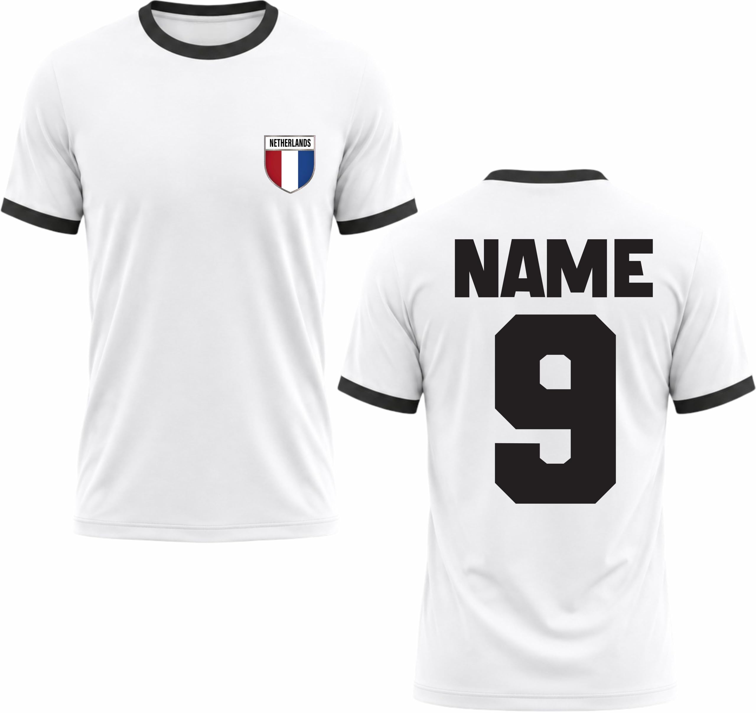 Personalised Dutch Football Ringer T-Shirt Custom Name Number Jersey Netherlands Jersey Gift Top White/Black
