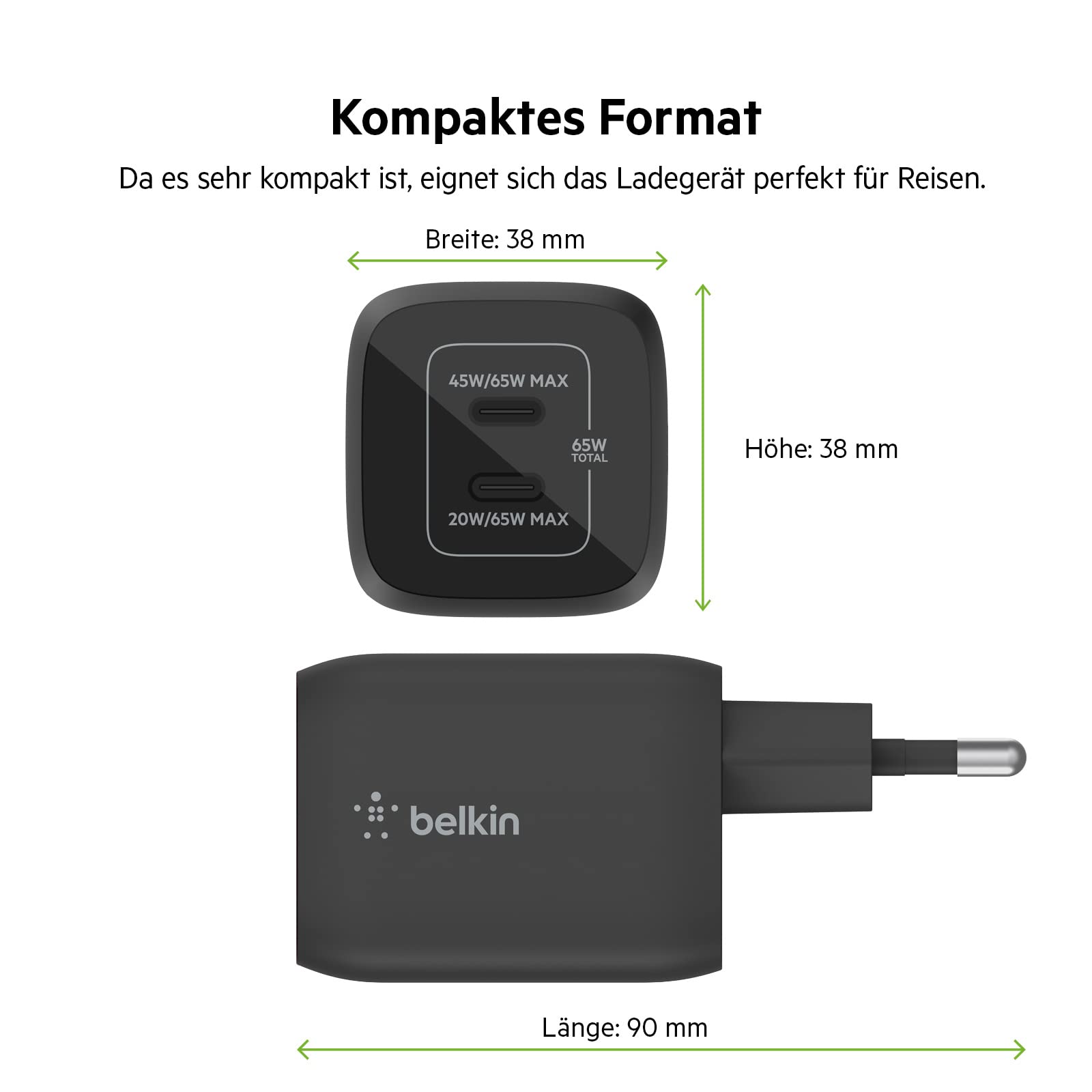 Belkin 65-W-USB-C-Ladegerät mit 2 Ports, Schnellladen mit Power Delivery 3.0 und GaN-Technologie für MacBook Pro, iPhone 17, iPhone Air, iPad, Galaxy S25, Pixel 10, Laptop, usw - Schwarz