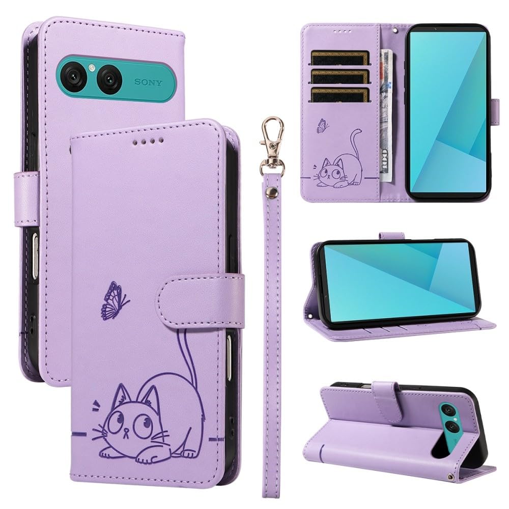 Generic Étui compatible avec Sony Xperia 5 IV (couleur : violet) motif chat papillon portefeuille en cuir étui à rabat