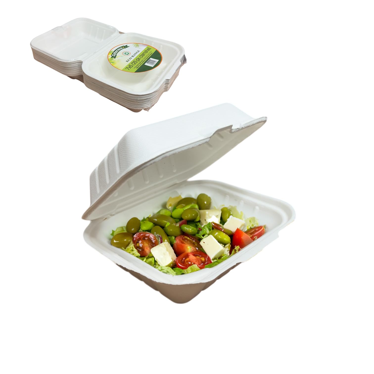 Maxland White Eco-Friendly Clamshell Takeaway Boxes, 7X5 Inch, 21Oz / 600Ml, Made From Natural Sugarcane Pulp, Disposable Takeaway Container, Biodegradable Home Compostable Sugarcane Bagasse (100)