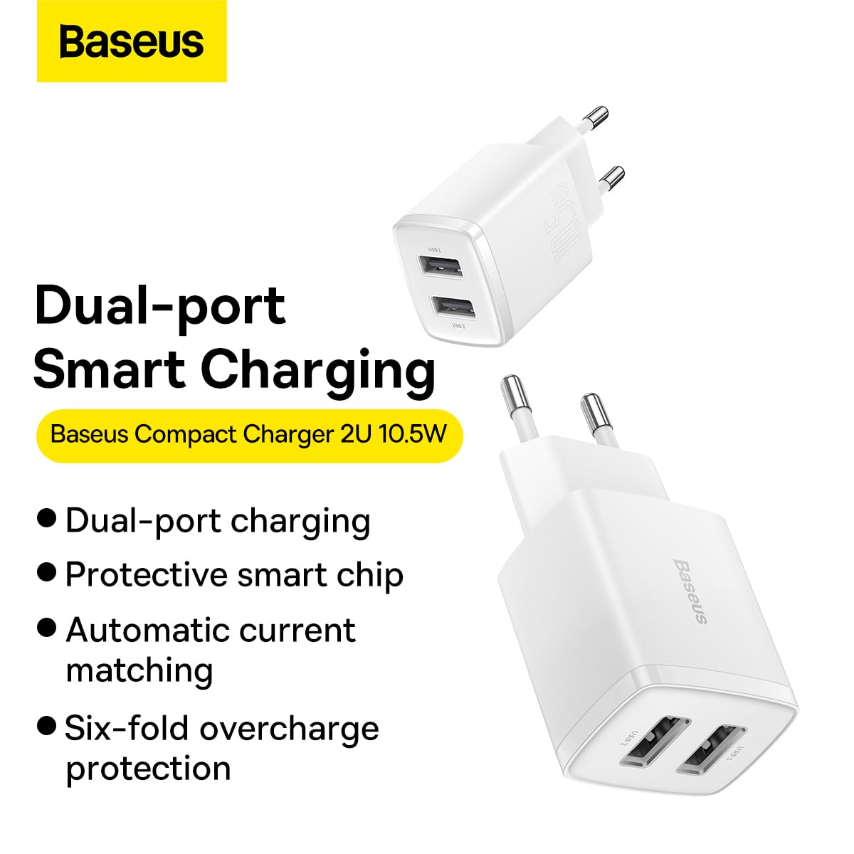 Baseus Travel Charger Kompaktowa ładowarka ścienna U+U, 10,5W EU White (CCXJ0