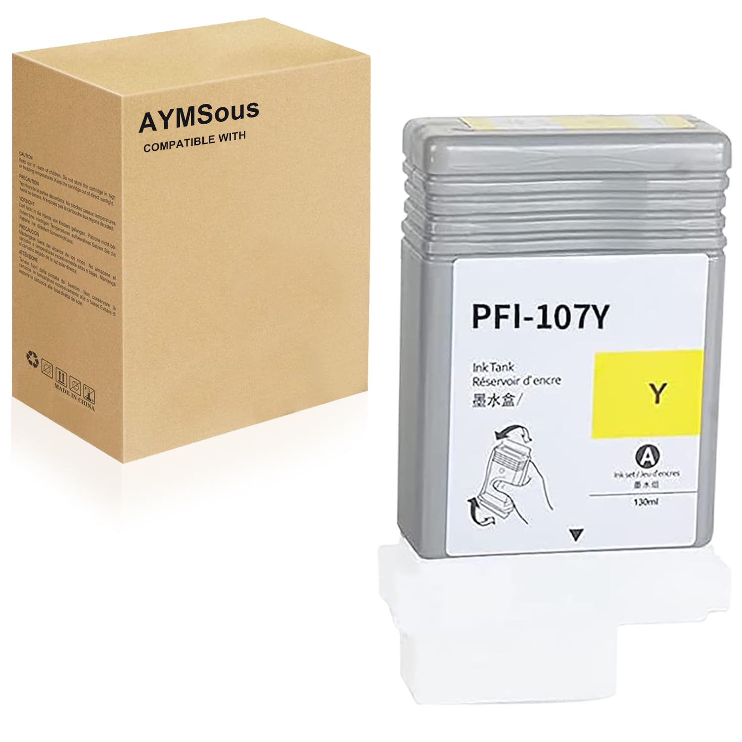 AYMSous Compatible Ink Cartridge Replacement for Canon PFI-107 PFI107 PFI-107Y PFI107Y 130ML for Canon imagePROGRAF iPF670 iPF680 iPF685 iPF770 iPF780 iPF785 (Yellow Dye Ink)