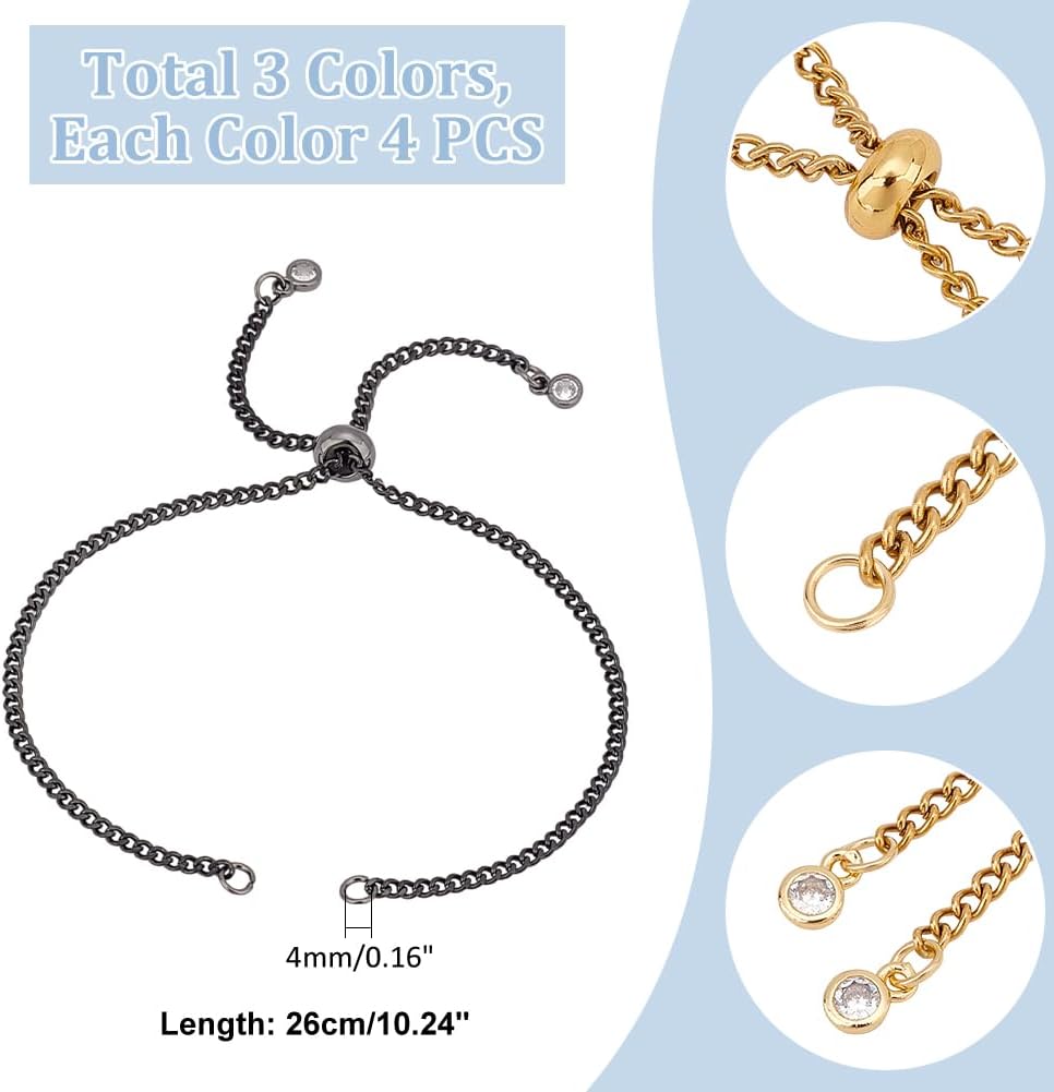 UNICRAFTALE 12Pcs 3 Colors 26cm Stainless Steel Slider Bracelets Adjustable Slider Bracelet with Rhinestones Ends Golden Black Bracelet Curb Chains for DIY Jewelry Making Bracelets for Women - Image 3
