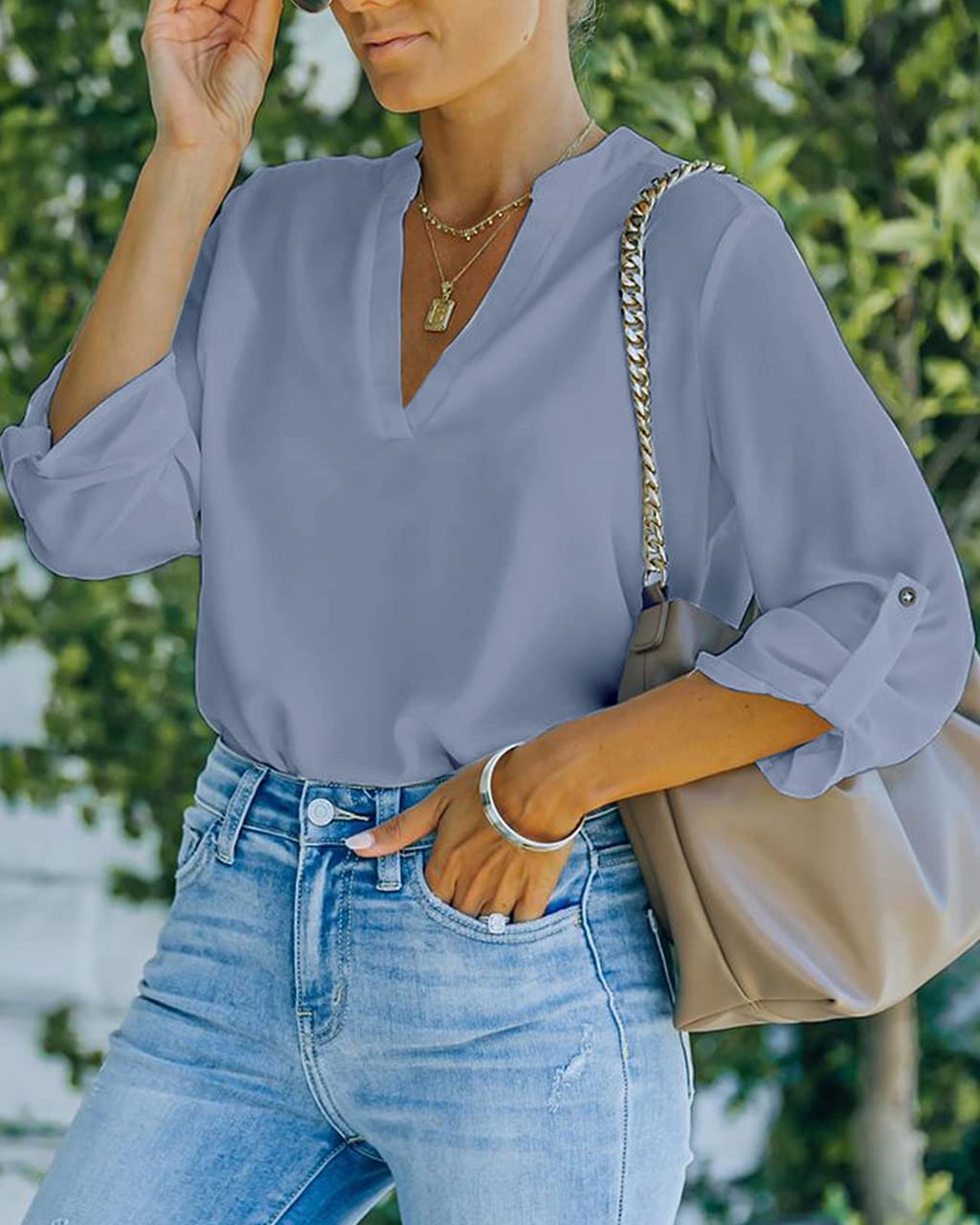 NONSAR Camicetta da donna Henley, elegante, con scollo a V, maniche arrotolabili, in stile casual