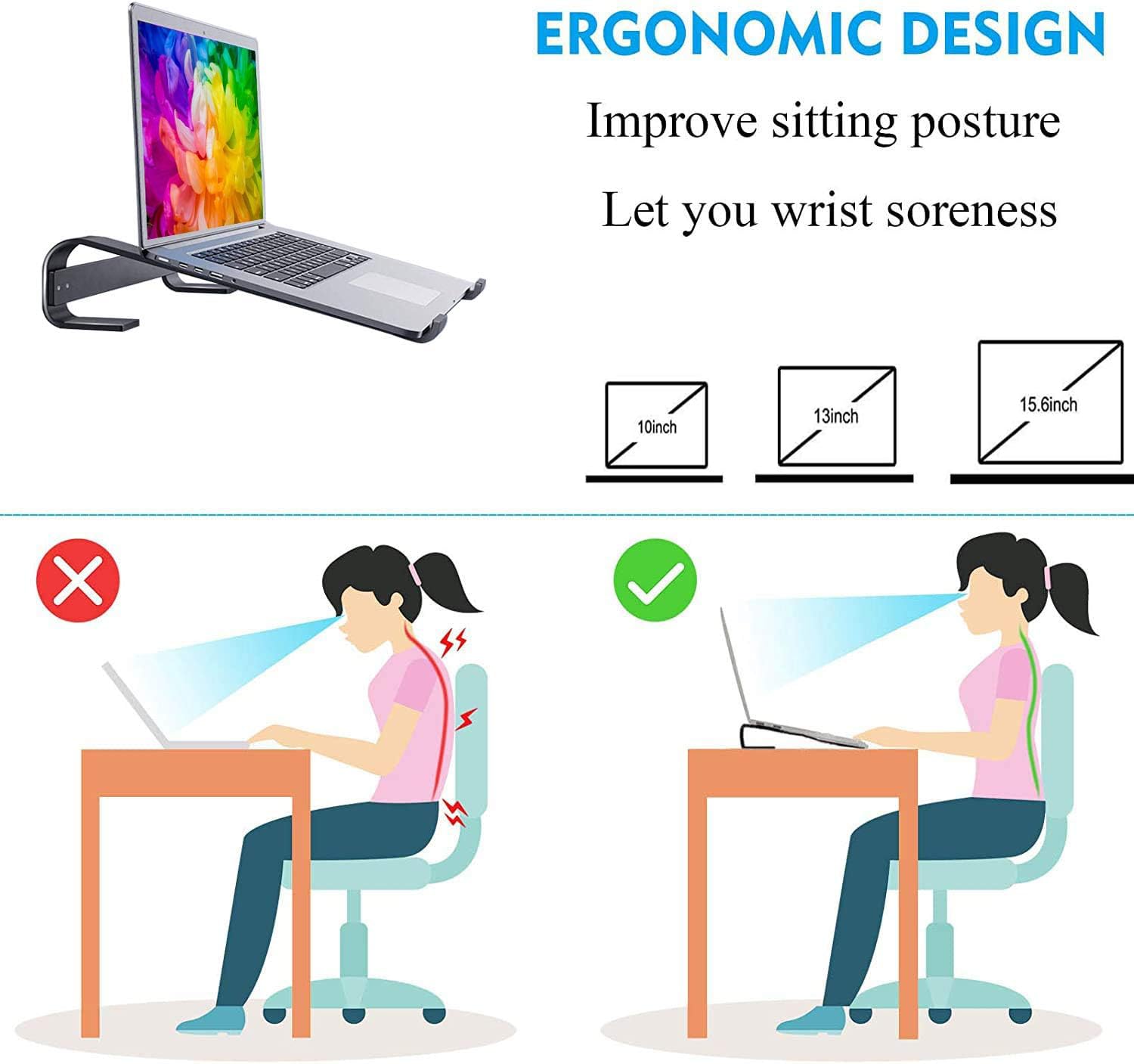 Bonlace Supporto PC Portatile, Porta Pc Portatile Ergonomico Alluminio Leggero Ventilato Compatibile MacBook Air Pro, PC, iPad, Notebook, Tablette, Dell, XPS, HP 10-16.5 Pollici (Nero)