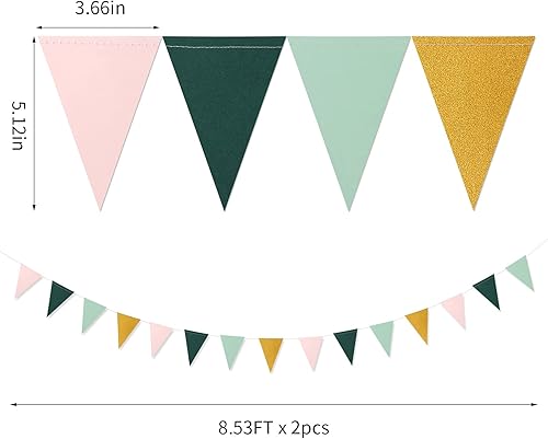 Miniatura 2 de Banderín dorado verde salvia, paquete de 2 banderas triangulares de papel, baby shower, safari, cumpleaños, selva tropical, decoración de fiesta,