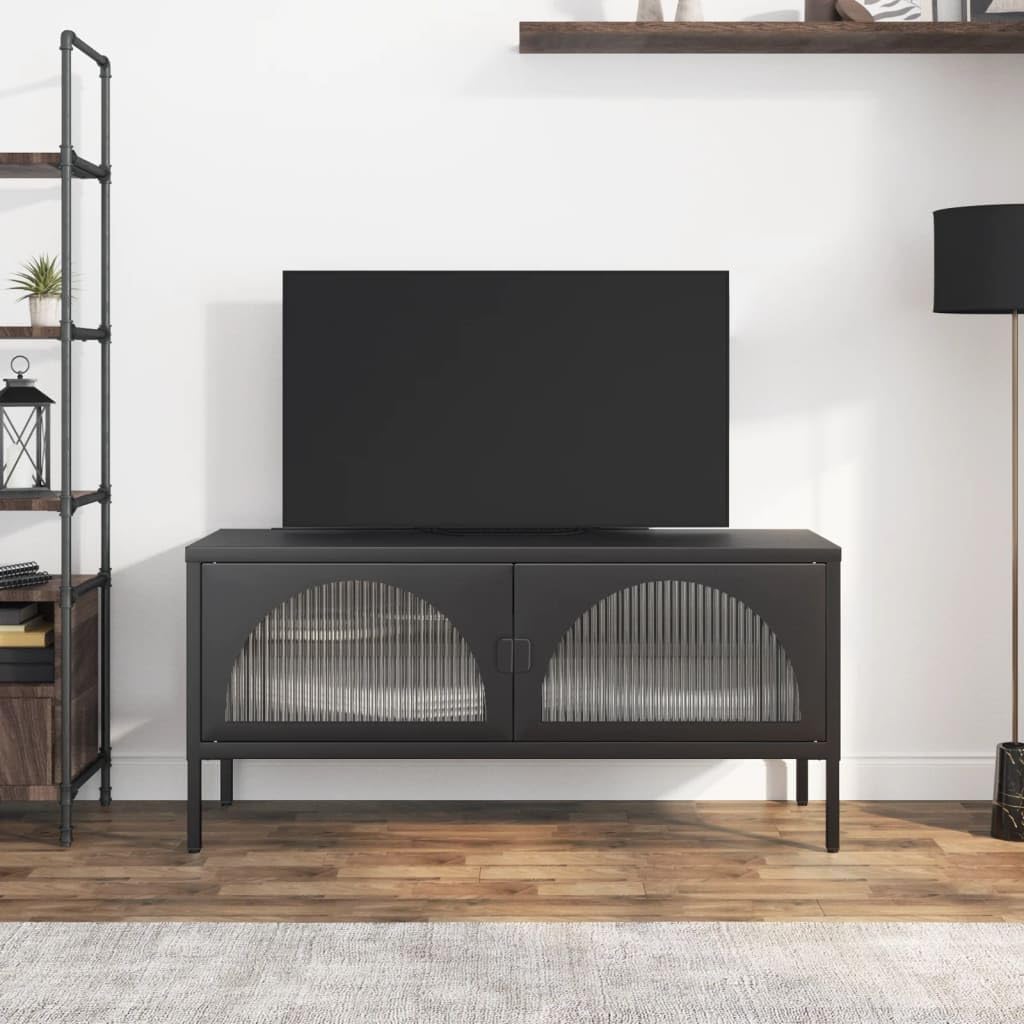 Szafka pod telewizor czarna, 105 x 35 x 50 cm, szkło ryflowane, stal malowana proszkowo, centrum rozrywki, stabilny stojak pod telewizor do salonu, sypialni