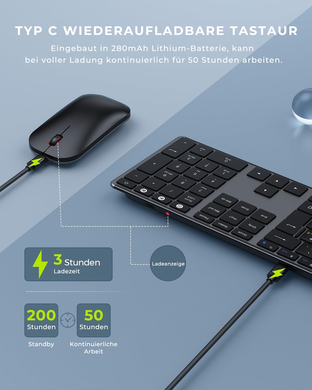 seenda SKM64-3 Clavier Bluetooth avec souris, clavier sans fil pour Windows/Mac/iPad/Android, souris sans fil ultra fine + silencieuse, connexion à 3 appareils, disposition QWERTZ (gris)