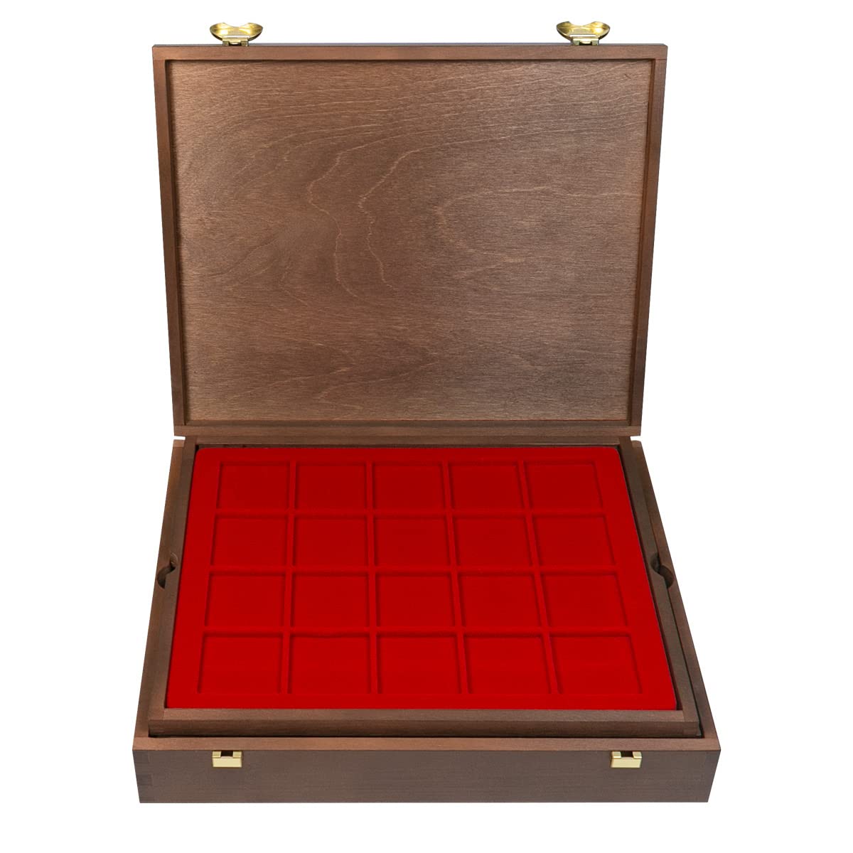 LINDNER Das Original Portamonete in legno con 4 inserti rossi in vero legno con 127 scomparti quadrati di diversi diametri, dimensioni esterne: 32,5 x 26,5 x 6 cm
