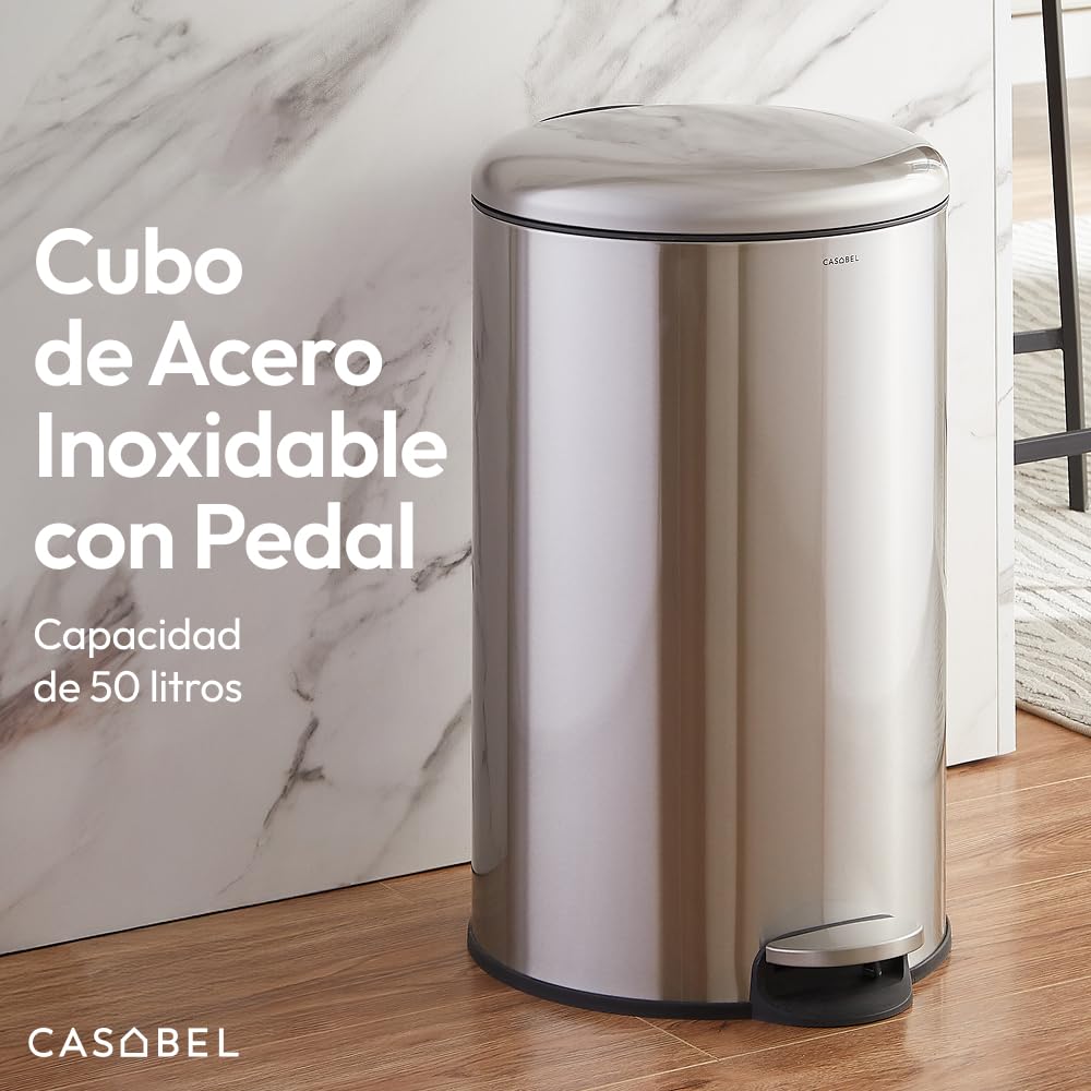 CASABEL Cubo de Basura Cocina 50L, 100% Acero Inoxidable, Resistente a Huellas, Papelera Redonda con Pedal y Tapa para Baño, Cocina, Oficina, Cromo