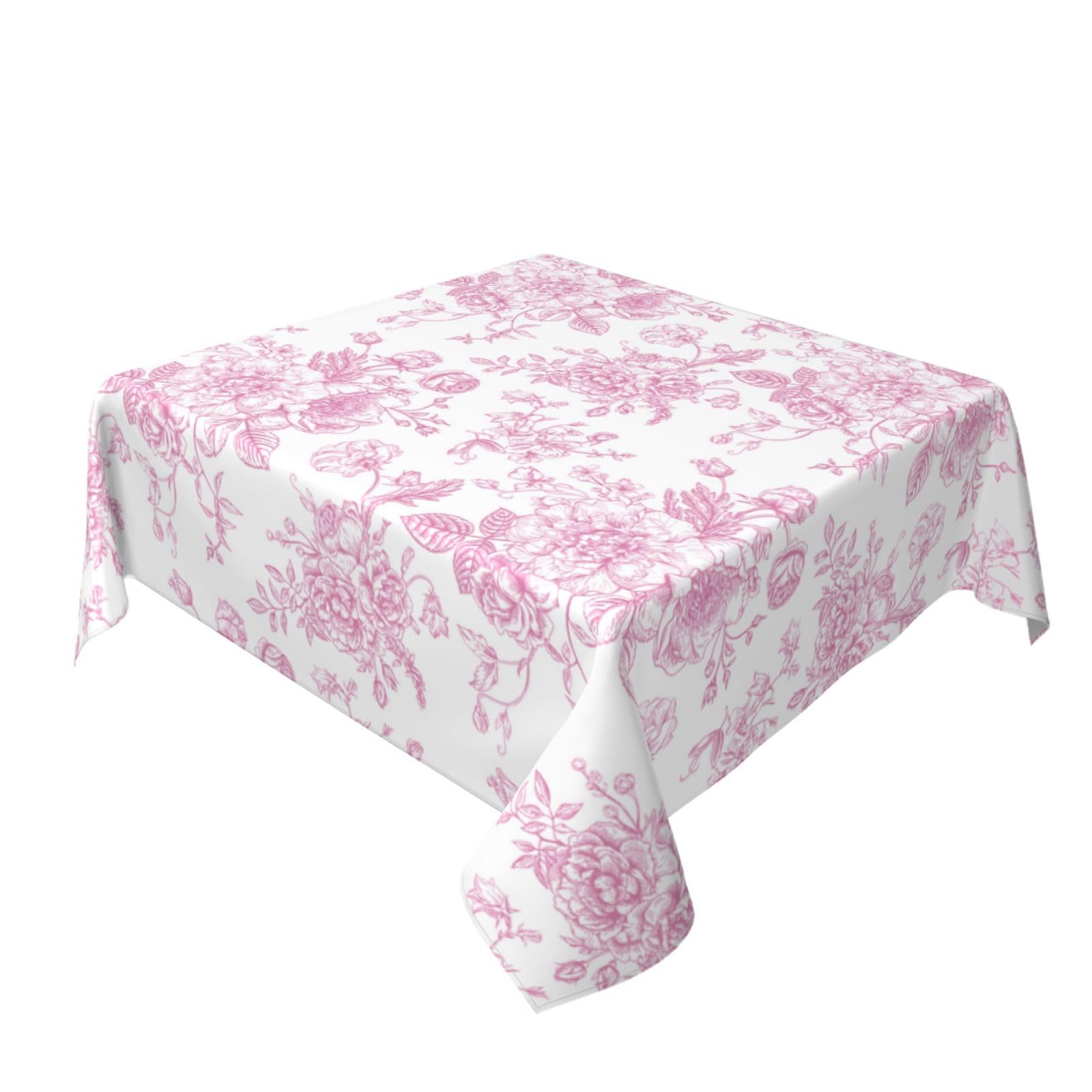 Pink Floral Tablecloth 60x60 Inch Square Vintage Chinoiserie Flower Table Cloth Spring Decorative Polyester Stain Resistance Square Table Cover for