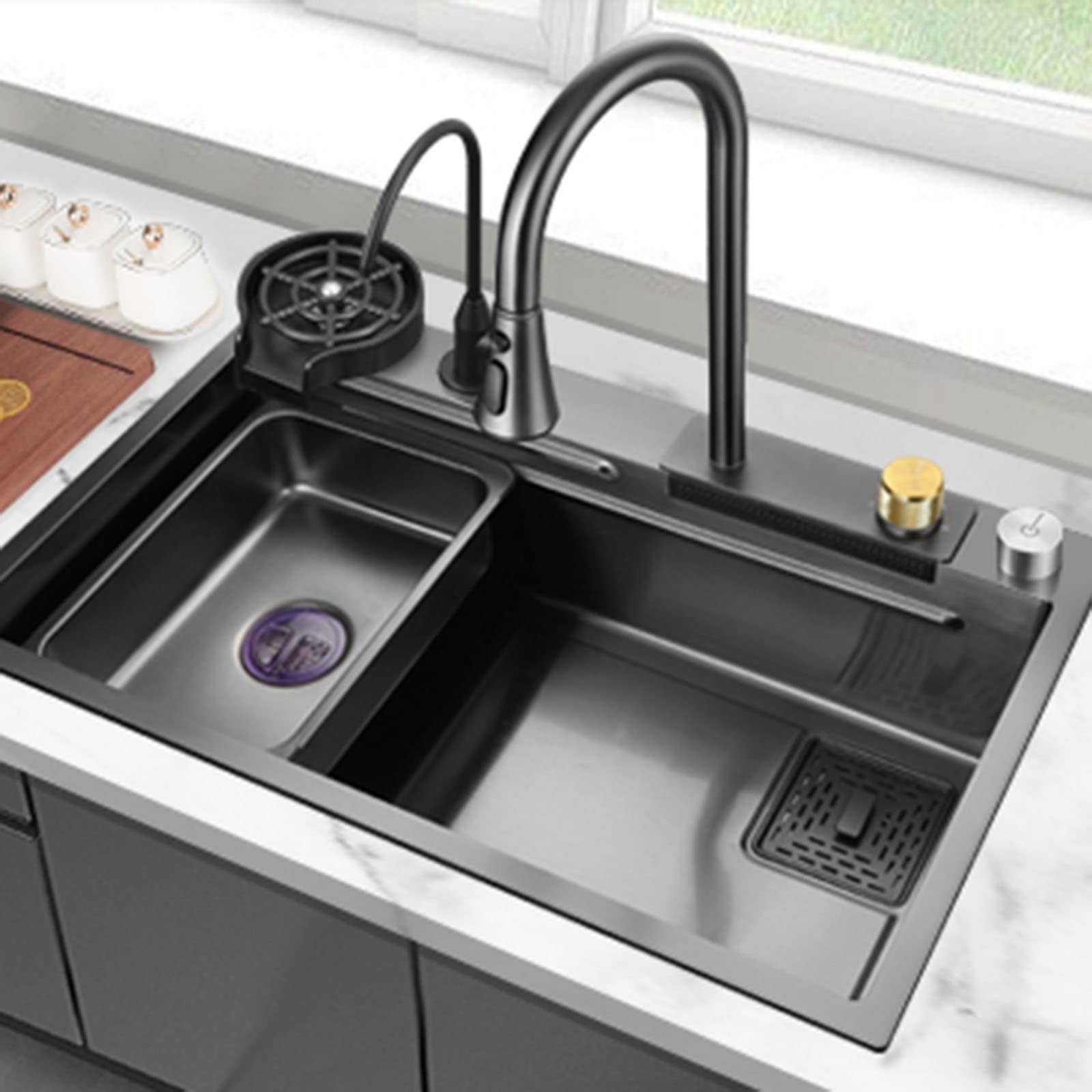 SDdPulse Kitchen Sink Flying Fish Waterfall Sink Domestic Sink Pull-Out Mixer Cup-Washer Table Control Waste Multiple Accessories,Black-80 * 45 * 22cm