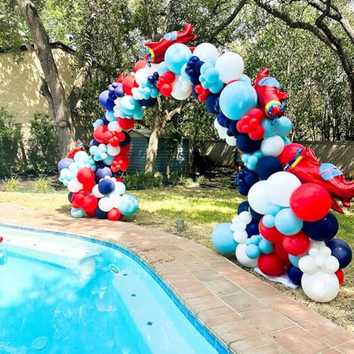 Image of Airplane Balloon Garland Arch Kit 147pcs Navy Blue Red and Blue white Balloons for Time Flies Theme Birthday Baby Shower Superhero Boys Party Supplies