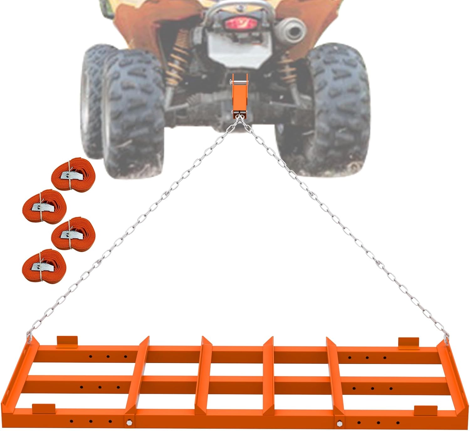 4 Ft Drag Harrow, Heavy Duty Driveway Grader, Tow Behind Lawn Rake with 5 Ft Chain, 4 Safety Belts, 2 Adjustable Bars, Driveway Drag for Gravel, Sand, Lawn, Soil, Hay, ATV, UTV, Mower, Tractor, Orange 4 Ft-Orange