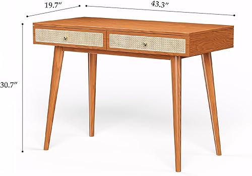 Miniatura 2 de Escritorio moderno de madera maciza Mid-Century con cajones, escritorio pequeño de ratán bohemio de 45 pulgadas para oficina en casa, mesa de patas