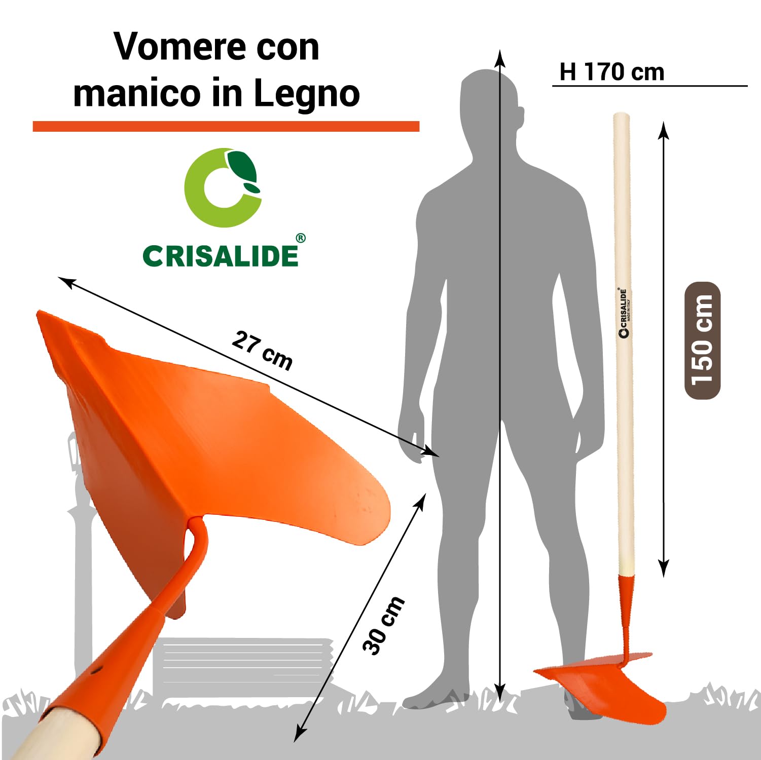 Crisalide® - Vomere Arancione Traccia Solchi In Metallo 27x30CM, COMPLETO DI MANICO In Legno 150CM, Indicato Per La Cura Dell'Orto E Del Giardino, Facile Da Utilizzare