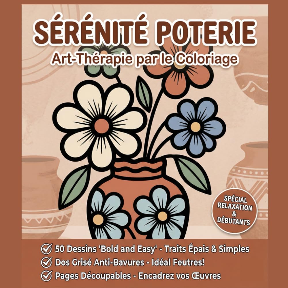 Sérénité Poterie: Livre de Coloriage Art-Thérapie avec 50 Dessins Bold and Easy à Traits Épais pour Adultes et Seniors)