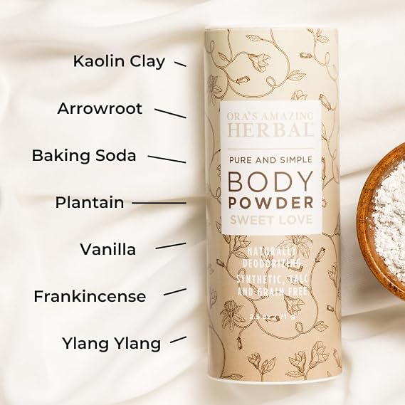 Ora's Amazing Herbal Body Powder for Women, Cornstarch and Talc Free Powder, Bath and Dusting Powder, Amber Oil, Frankincense Essential Oil, Ylang-Ylang, Vanilla, Warm Scent, Sweet Love 2.5 oz