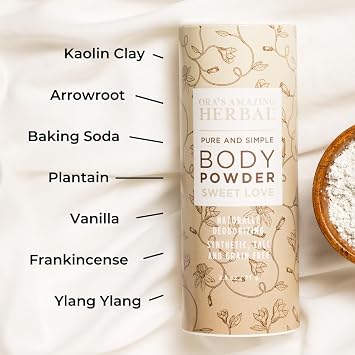 Ora's Amazing Herbal Body Powder for Women, Cornstarch and Talc Free Powder, Bath and Dusting Powder, Amber Oil, Frankincense Essential Oil, Ylang-Ylang, Vanilla, Warm Scent, Sweet Love 2.5 oz