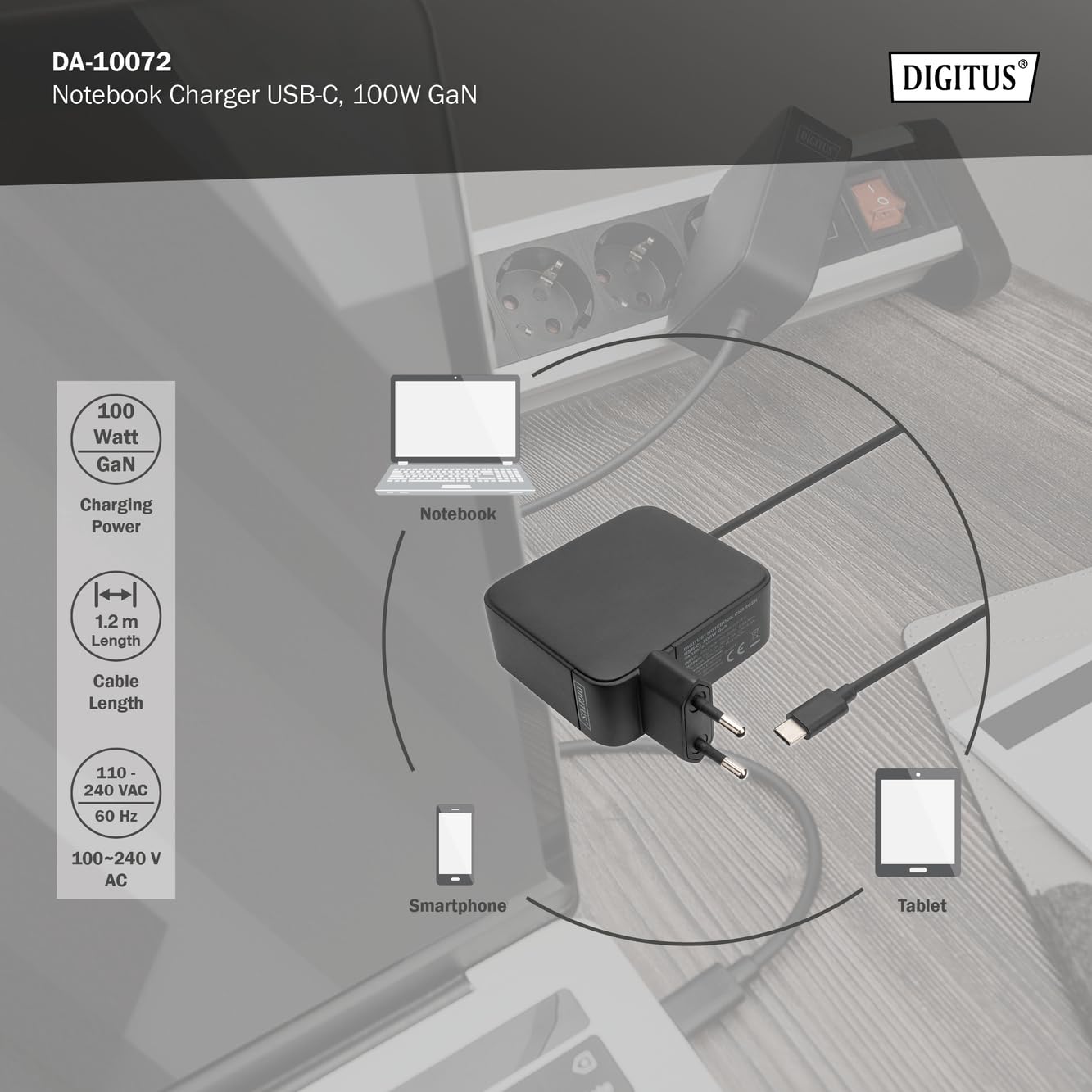 DIGITUS Cargador de portátil GAN USB-C de 100 W - Tecnología de nitruro de galio - Power Delivery 3.0 - Cable de 1,2 m de Longitud - también para Smartphones y tabletas - Negro