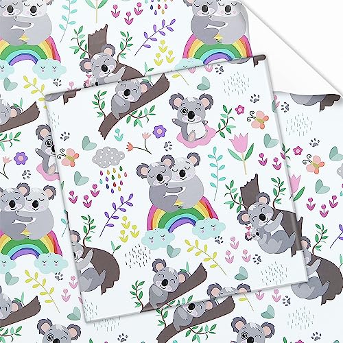 Papier cadeau anniversaire koala : 4 feuilles pliées 50x70 cm pour fête prénatale