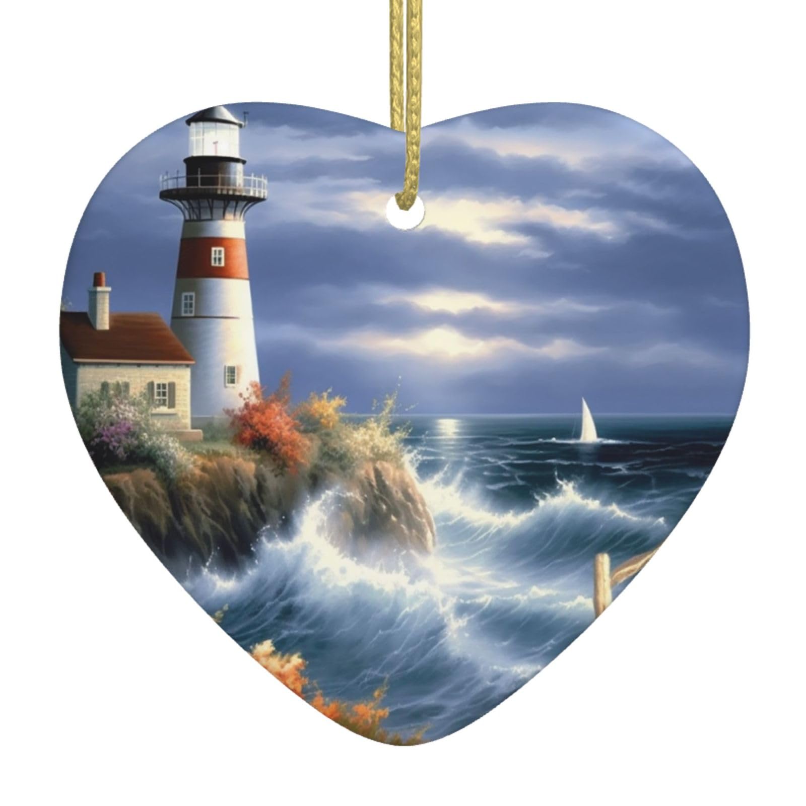 Ceramic Christmas Tree Hanging Ornaments with Gold Ropes Christmas Tree Decorations Heart Ceramic Lighthouse Diamond Painting Pendant Keepsake Decorations for Holiday Xmas Gift Ideas