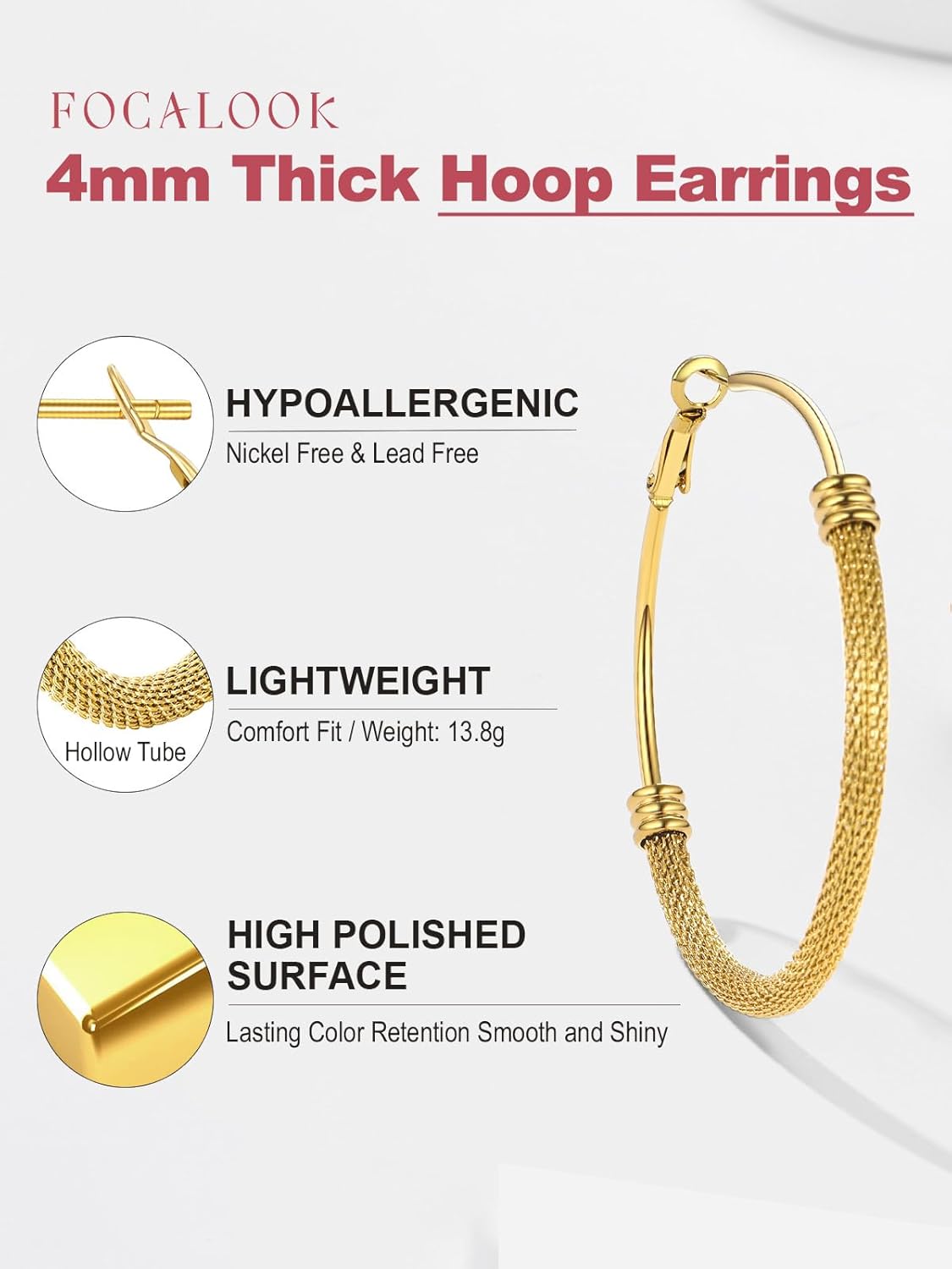 FOCALOOK 14K Gold Hoop Earrings, Lightweight Hypoallergenic Large Stainless Steel Black Hoops for Women 30/40/60/80mm - Image 4