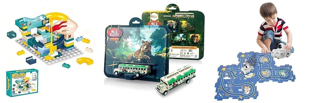 Space Adventure Race Track Playset with Electric Car, Block DIY Slide Marble Run Track, Wild Wonders Pull-Back Jungle Themed Bus with Jigsaw Puzzle-image-24