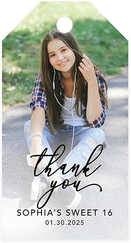 Andaz Press Paquete de 60 etiquetas personalizadas con texto en inglés Sweet 16 con cuerda, etiquetas clásicas de regalo de agradecimiento con foto