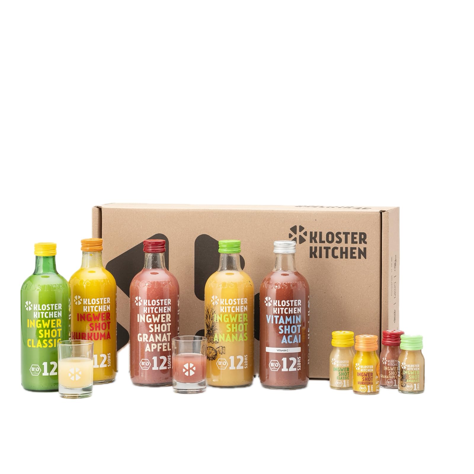 Kloster Kitchen Organic Ginger Shot Tasting Set L I 5 gusti 5x 360 ml + 5x 30 ml I Set regalo Ginger Shot vegan I dolce e piccante & con dolcezza naturale (incl. 1,25€ di deposito)