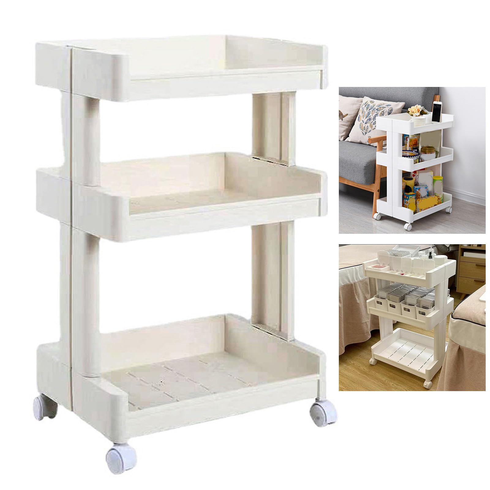 Carro de Almacenamiento de 3 Niveles Carro rodante Multifuncional de Gran Capacidad con Ruedas Conveniencia móvil para salón de Belleza Cocina Baño Oficina Bandejas de plástico